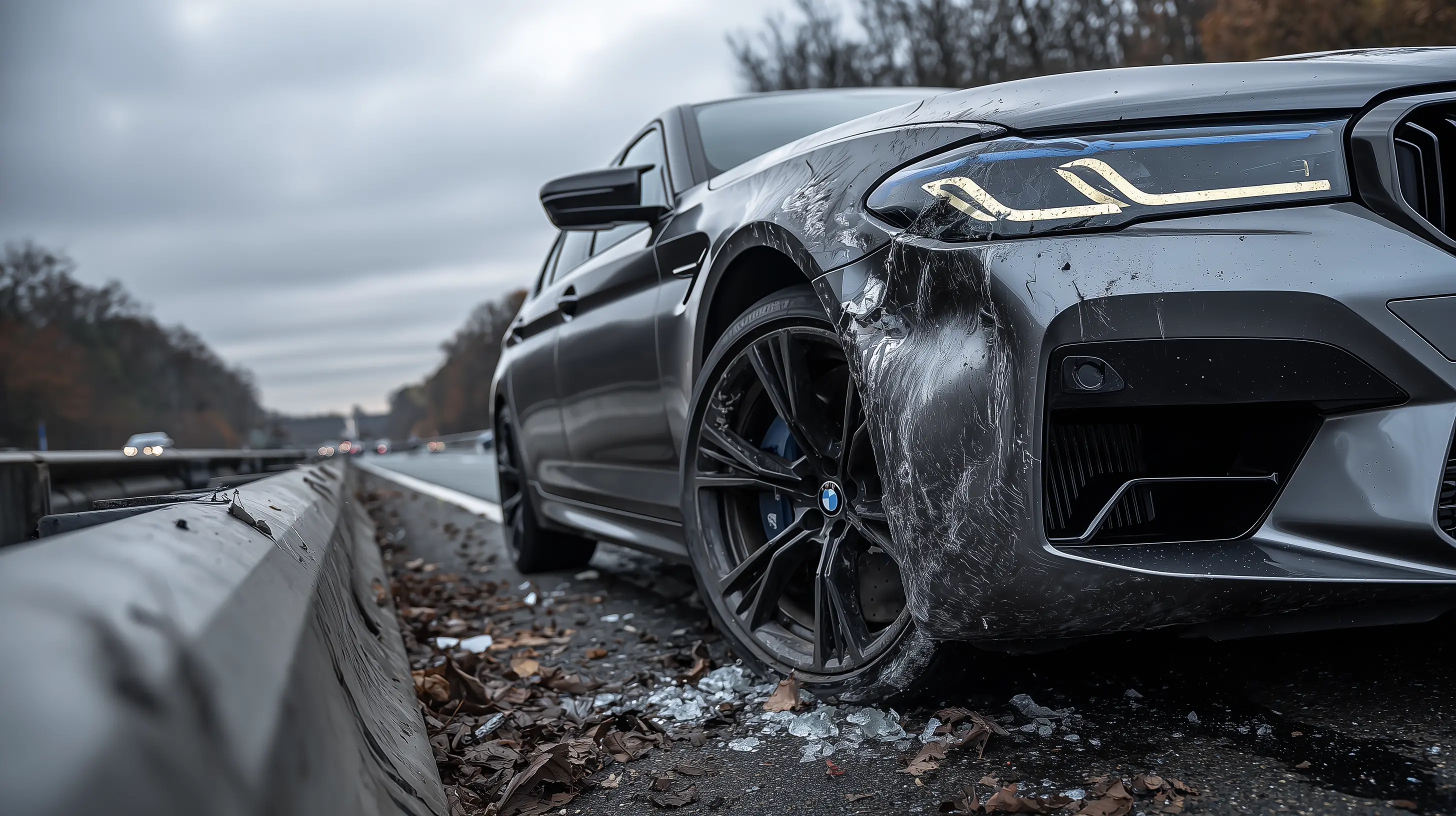 BMW sedan with significant front-end collision damage on roadside