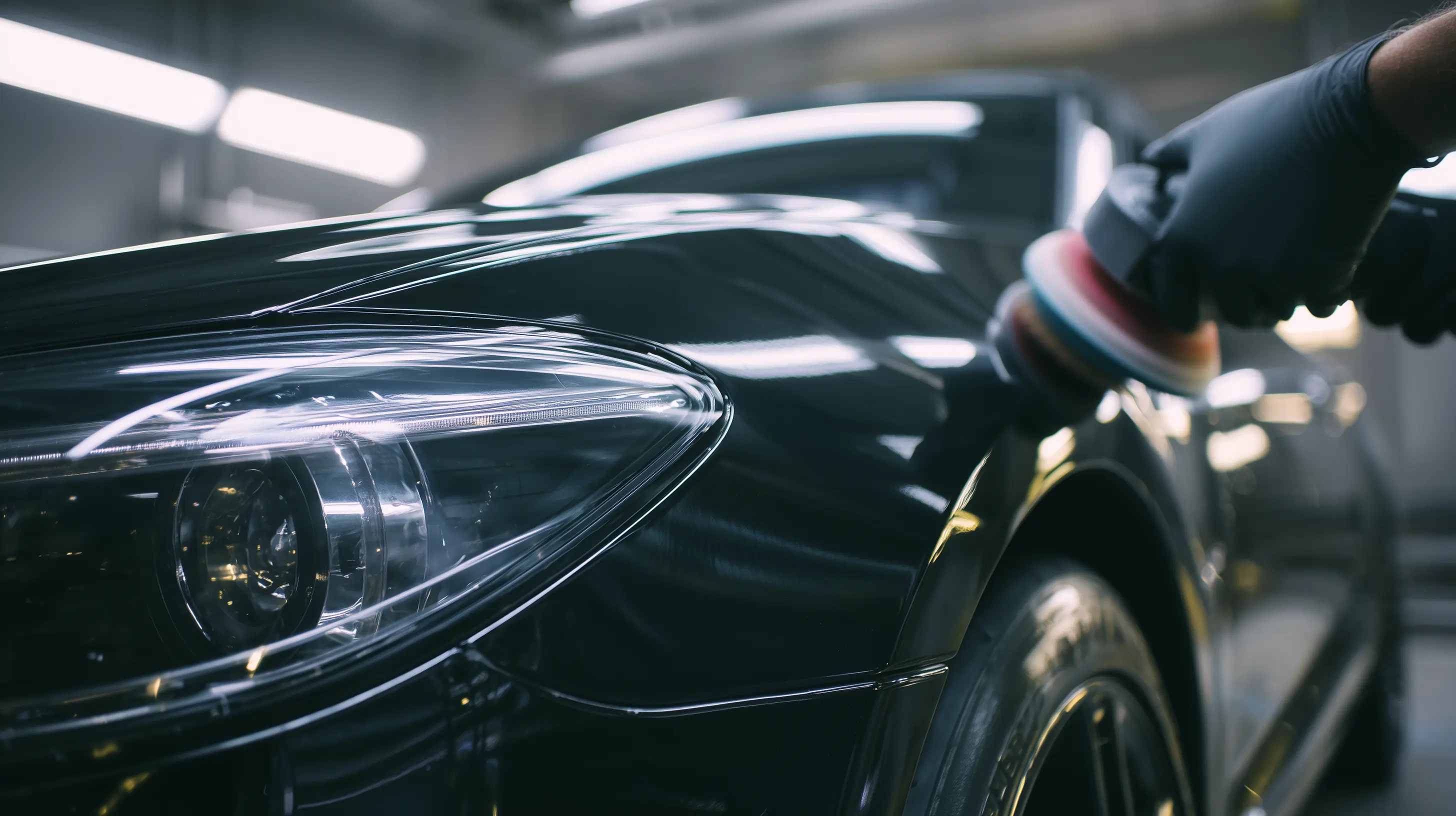 Close-up of luxury car with mirror-like black paint finish showing perfect reflections and depth