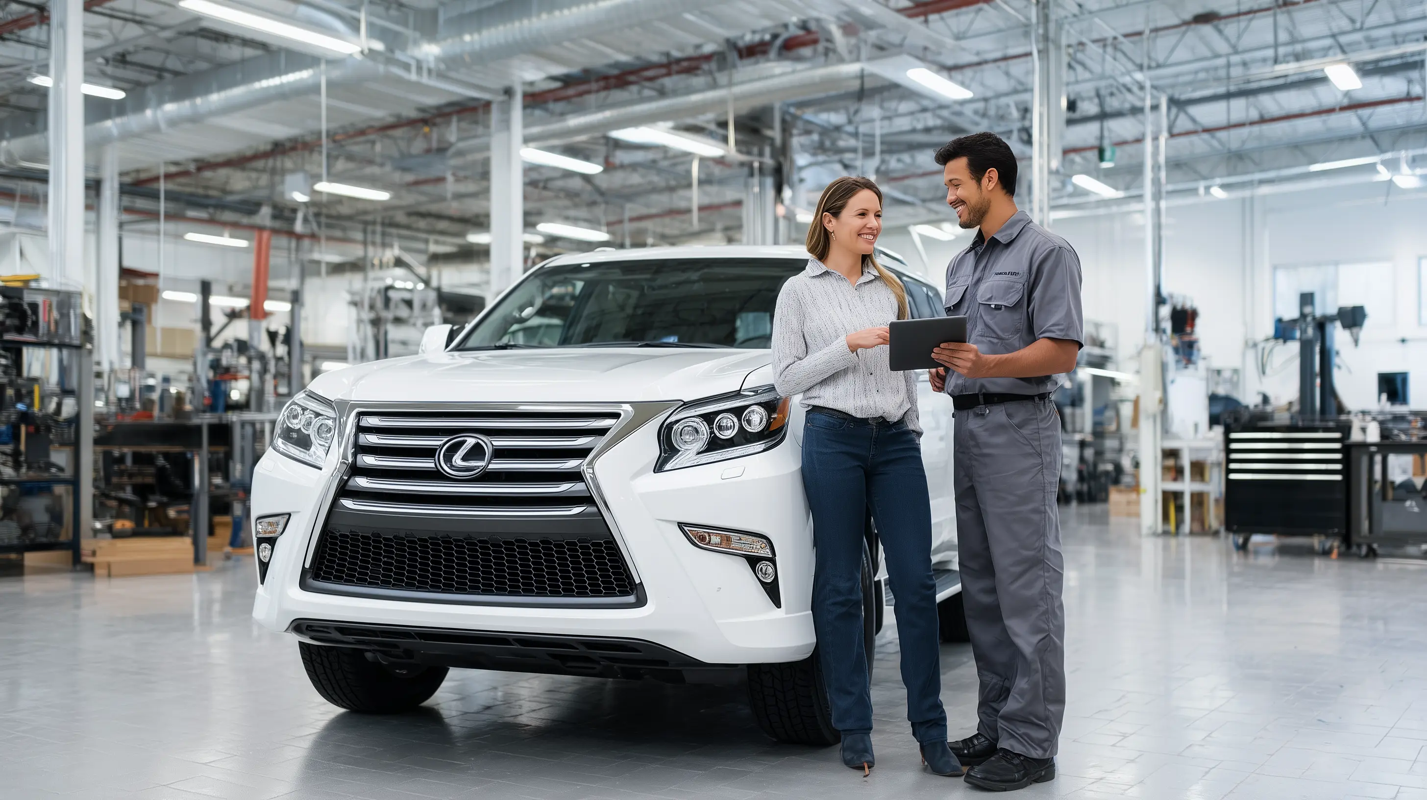 Professional technician consulting with customer about Lexus repair in modern auto body facility