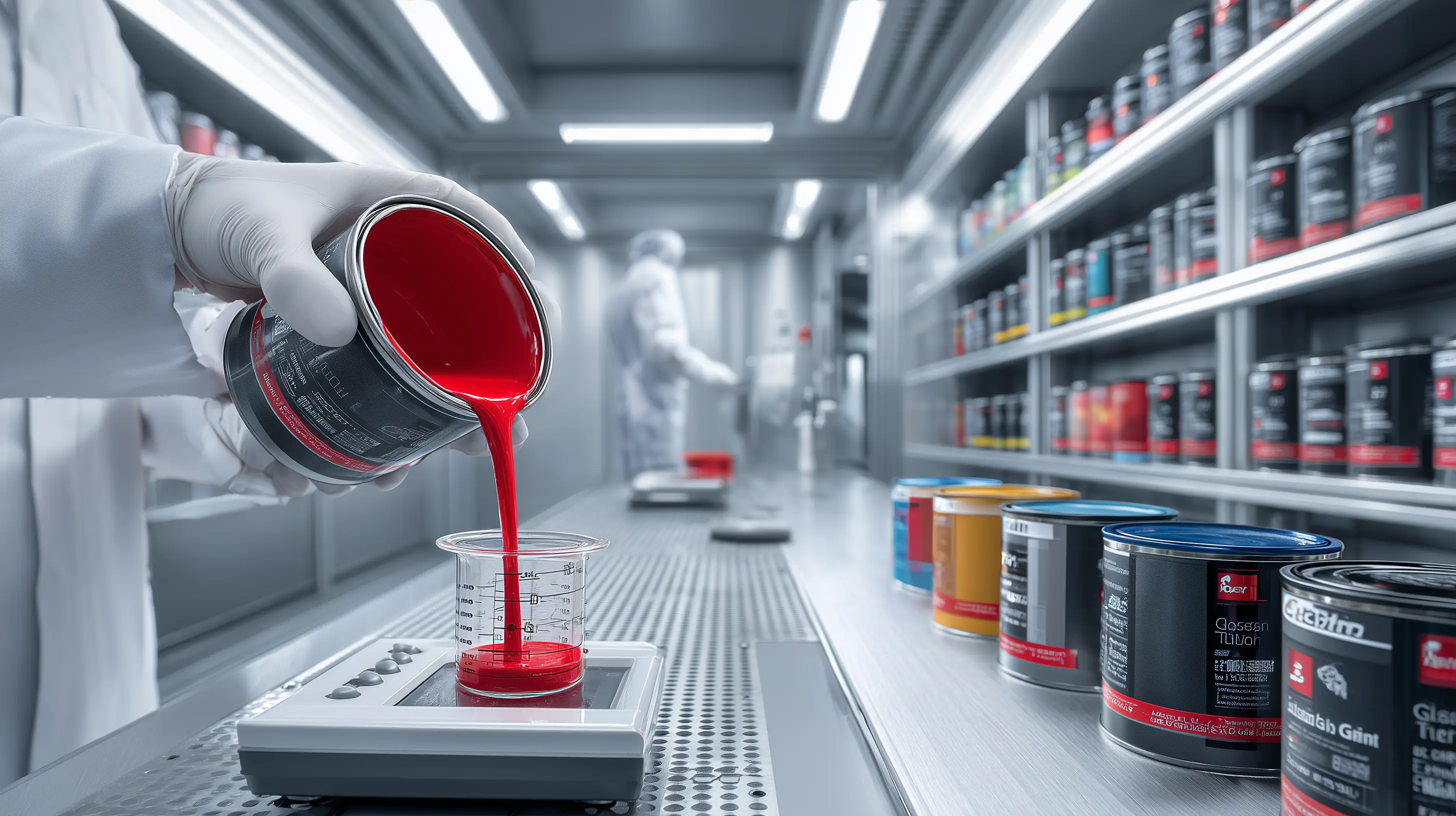 Professional technician in white gloves precisely measuring vibrant red automotive paint in modern paint mixing facility with premium paint brands