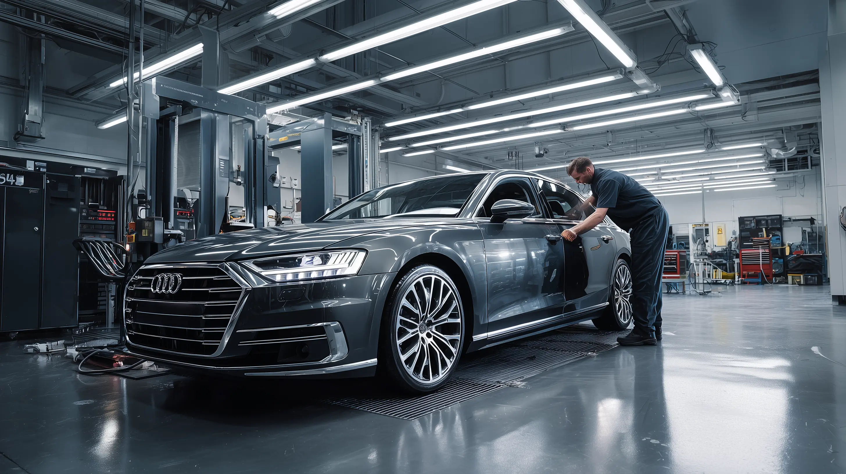 Professional collision repair facility with technician working on luxury Audi sedan