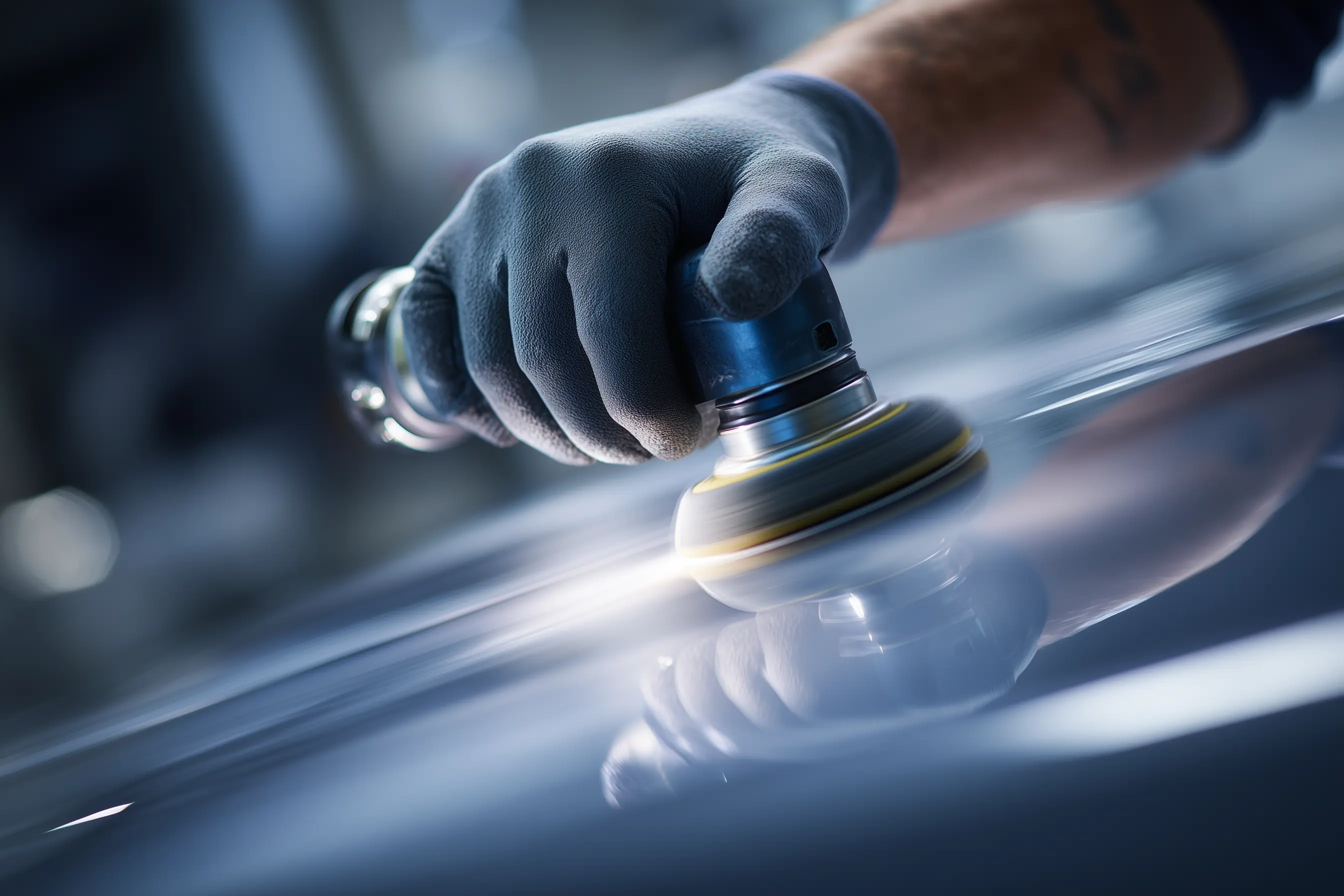 Professional technician using orbital polisher for precision color blending and spot repair work