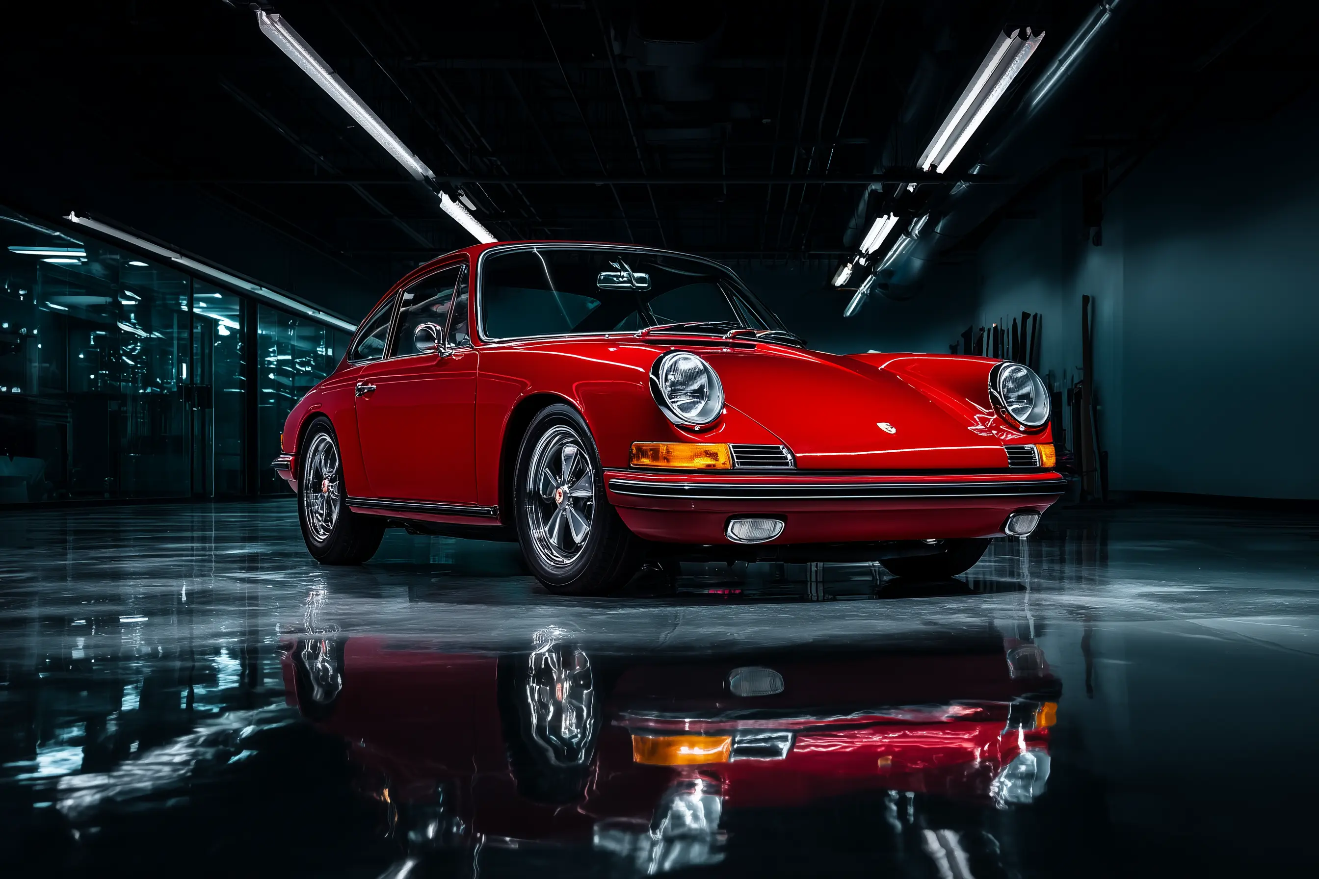 Classic red Porsche 911 with flawless mirror-like paint finish in professional garage setting