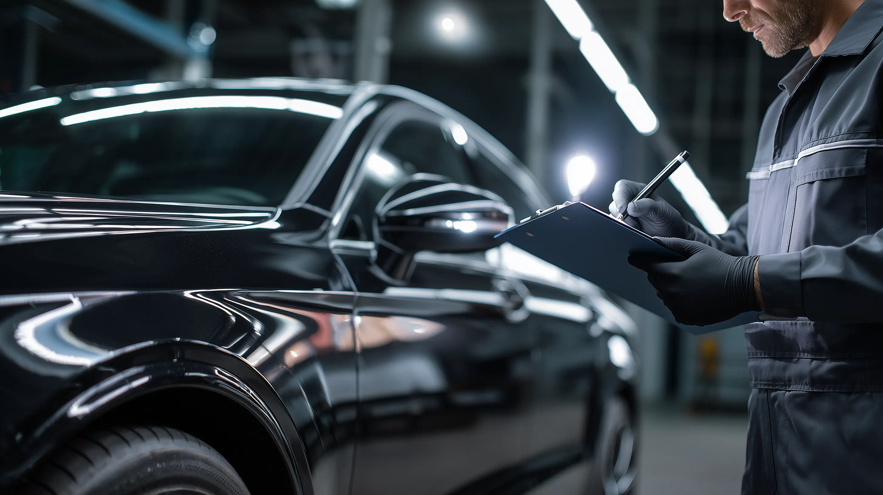Professional technician conducting final quality inspection of completed luxury vehicle repair