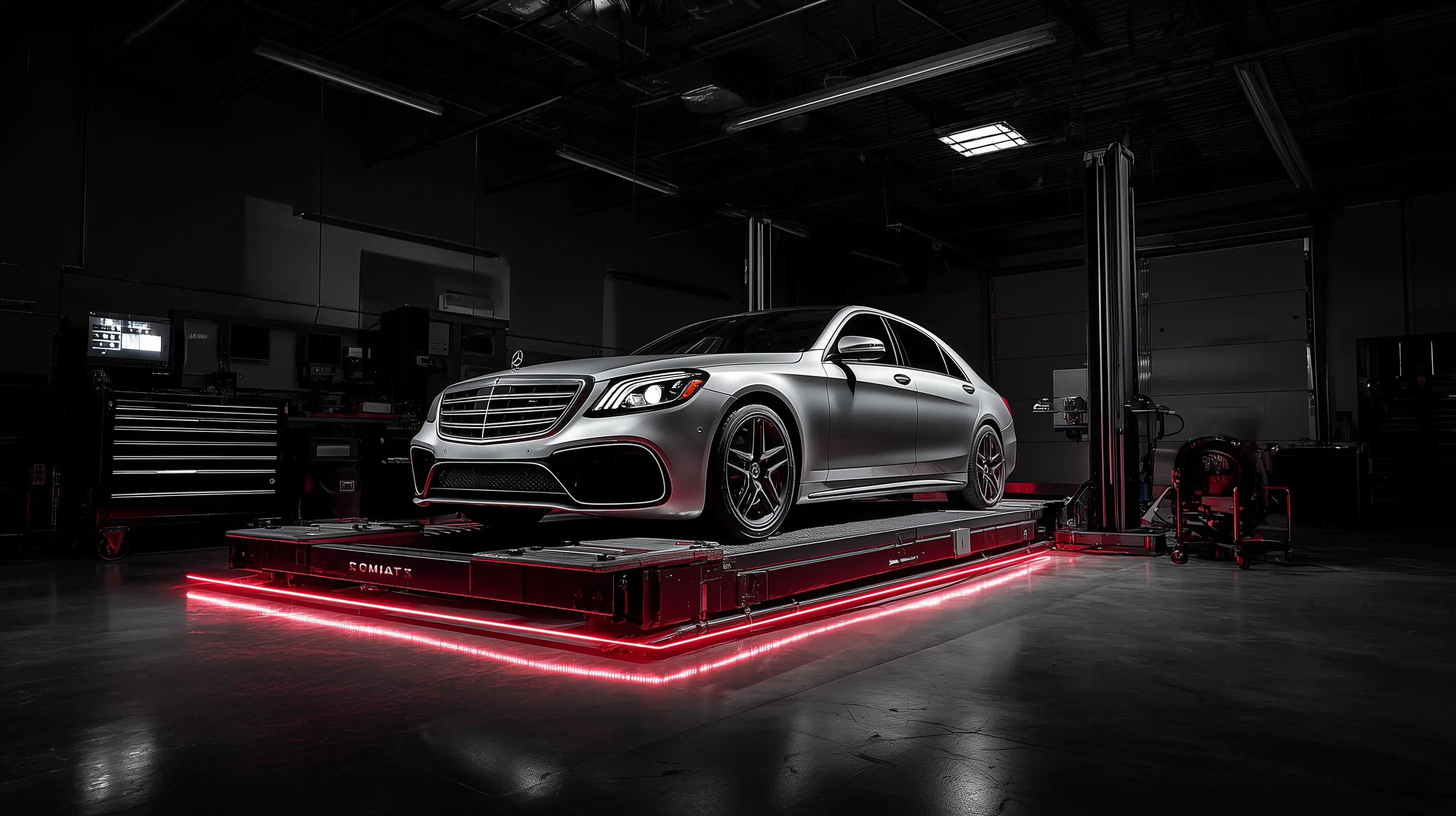 Mercedes-Benz sedan on professional frame straightening equipment with red LED lighting