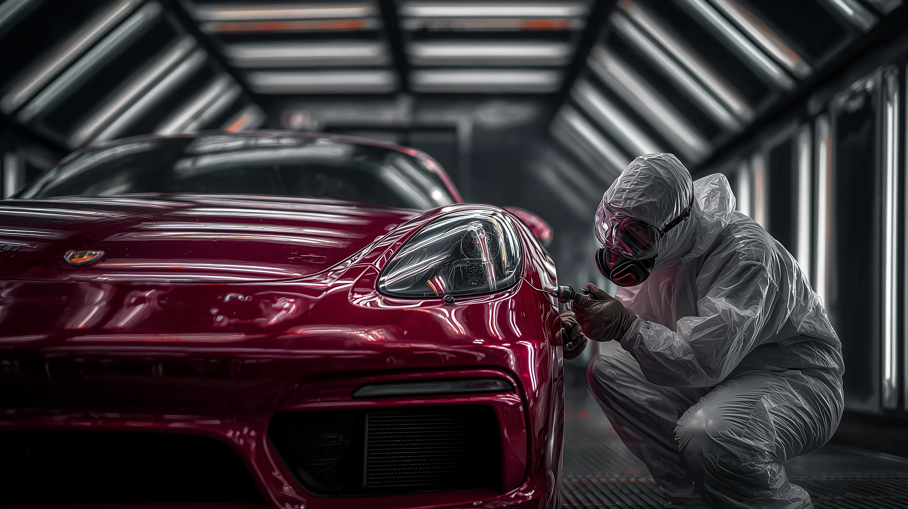 Professional painter in protective gear applying flawless paint finish to luxury red sports car in modern spray booth