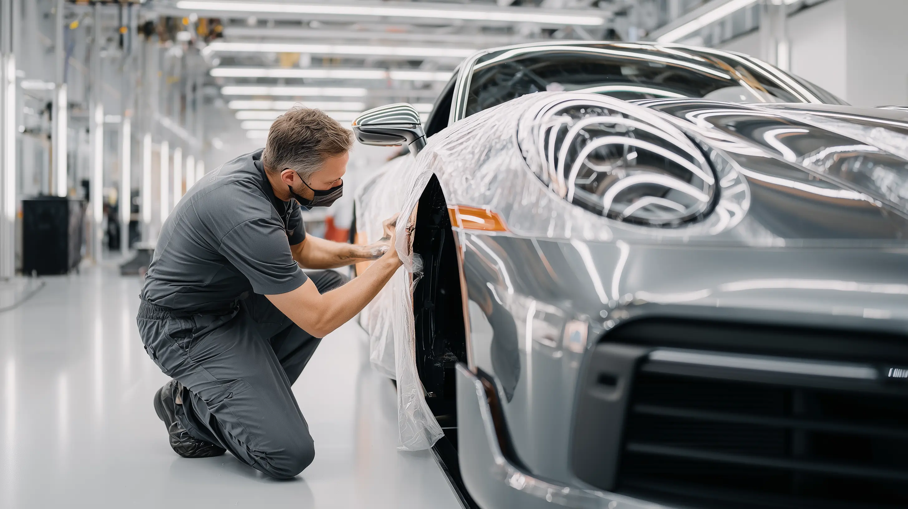 Professional technician carefully masking luxury Porsche for precision body panel repair work