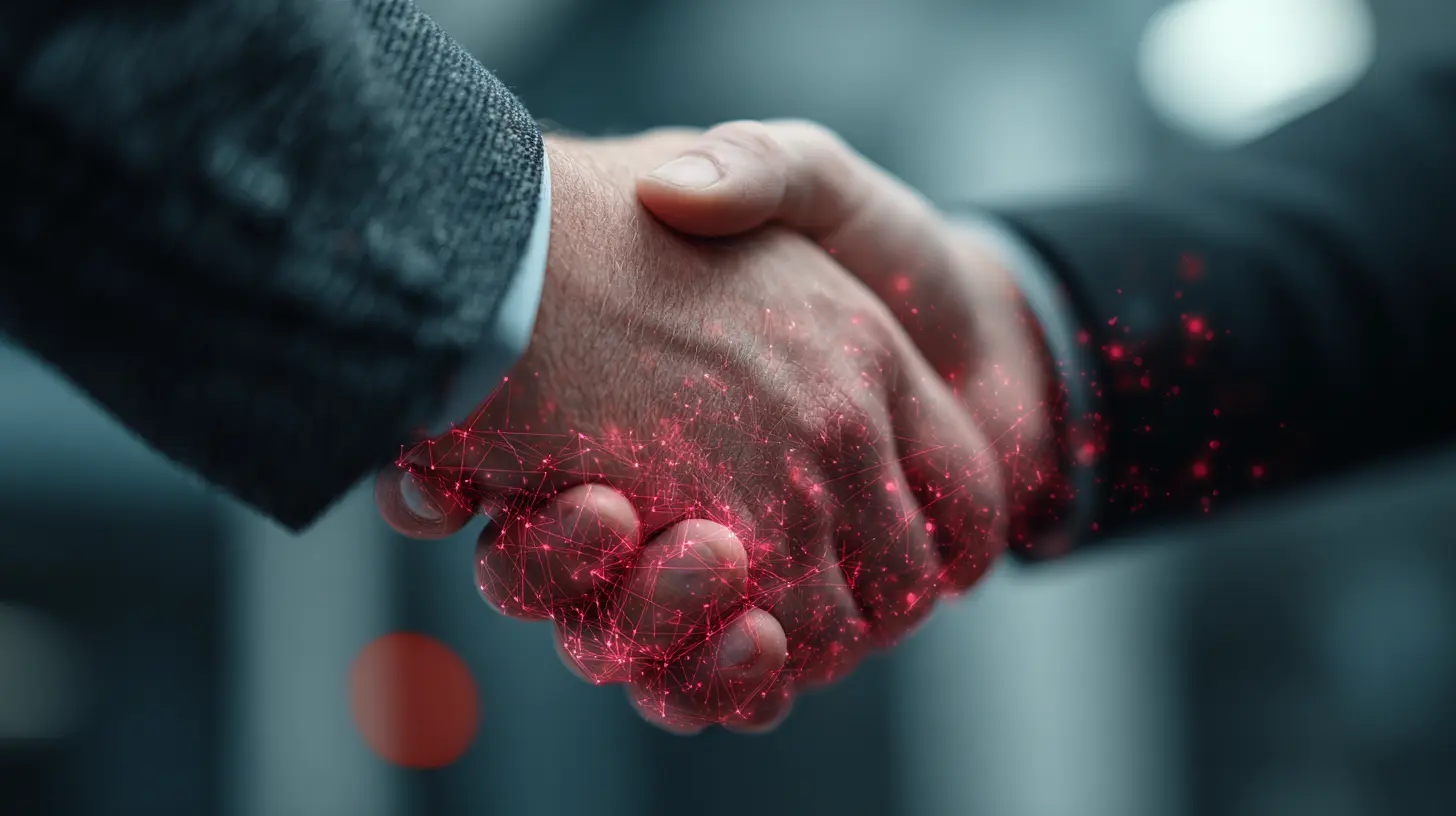 Professional business handshake with digital network connections representing partnership and collaboration