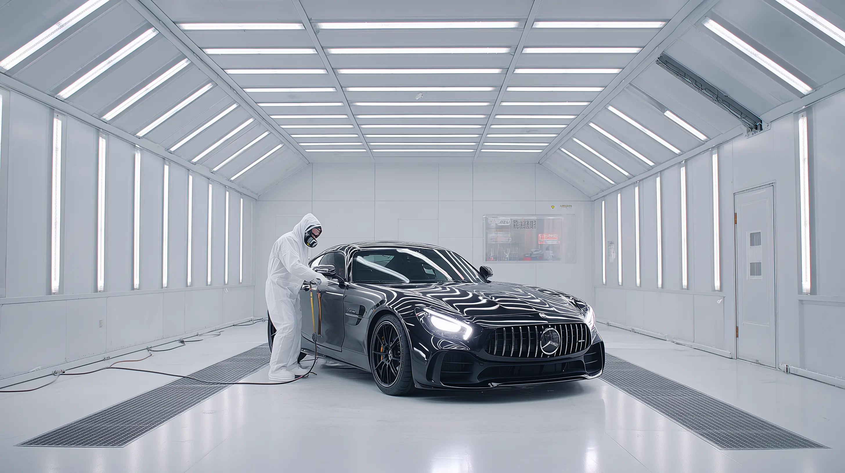 Professional painter in protective suit spray painting Mercedes-AMG GT in pristine white spray booth with LED lighting