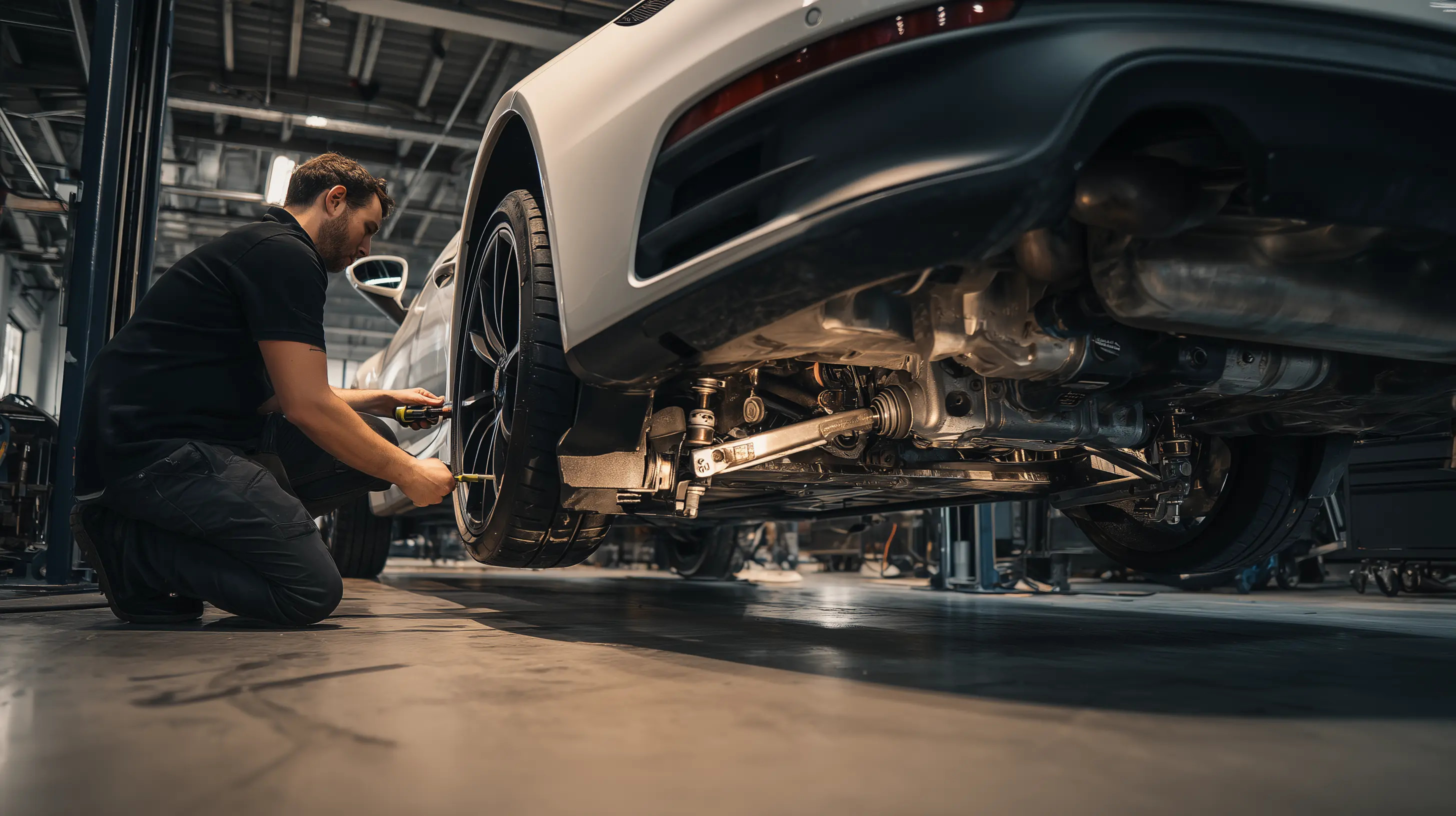 Professional technician inspecting luxury vehicle suspension system on hydraulic lift in modern repair facility