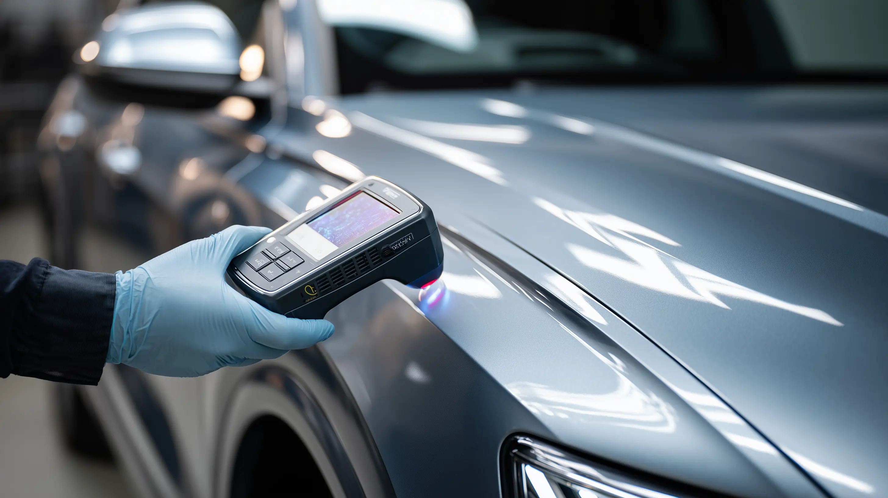 Professional technician using digital spectrophotometer for precise paint color matching on luxury vehicle